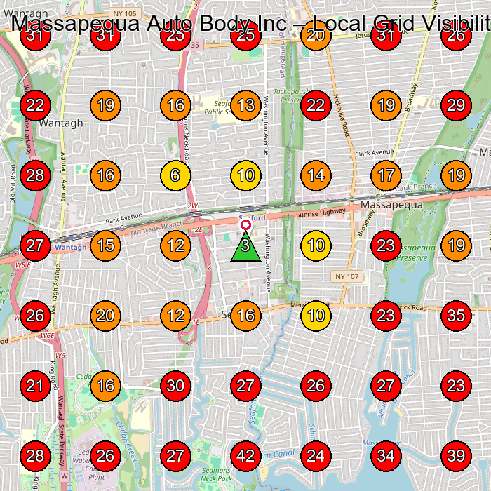 Massapequa Auto Body Inc GeoGrid visibility map for Auto Body Shop in Baldwin
